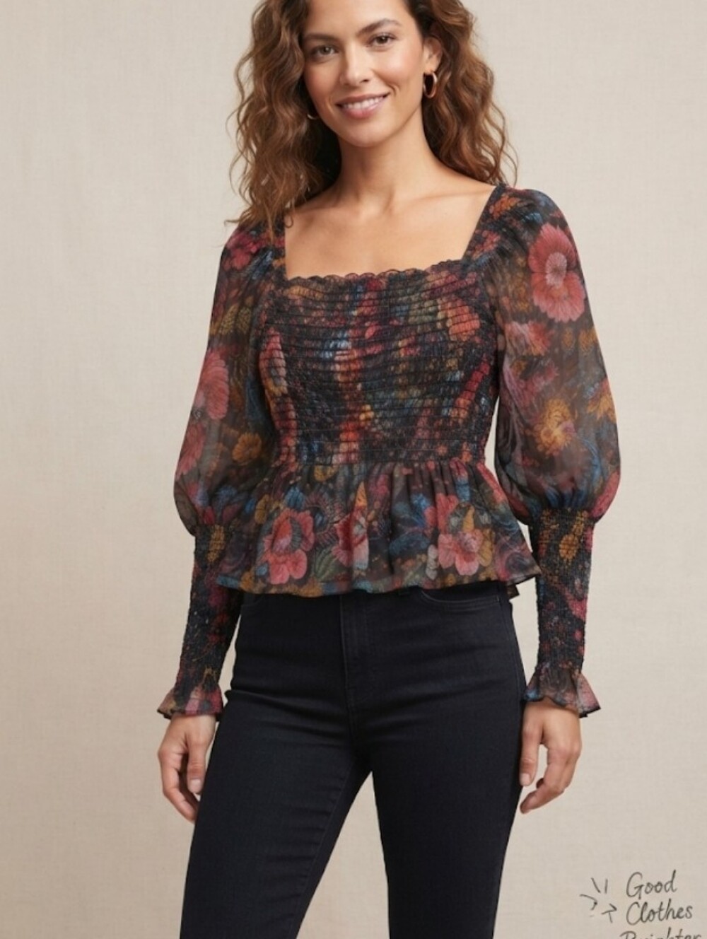 FARM Rio Black Smocked Peasant Top with Multicolor Floral Print